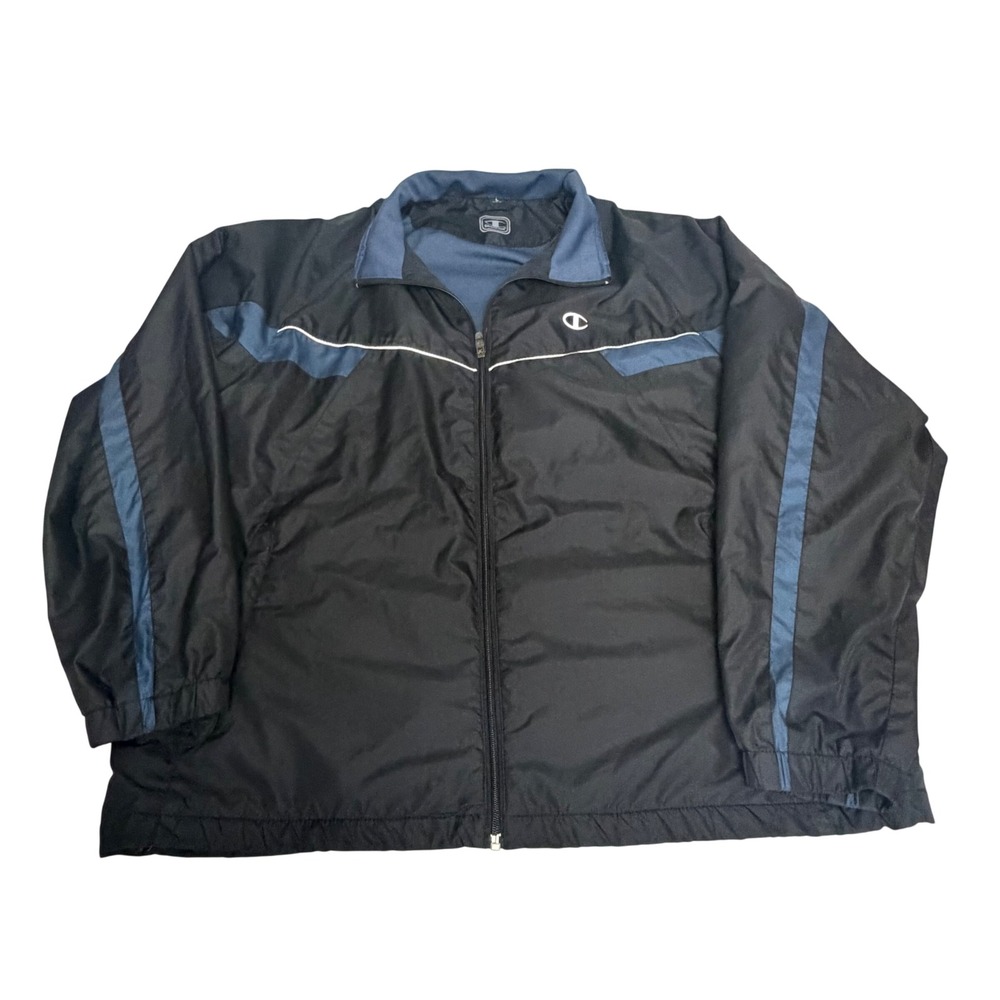Champion Mens Large Black Blue Colorblock Full Zip Windbreaker Track Jacket